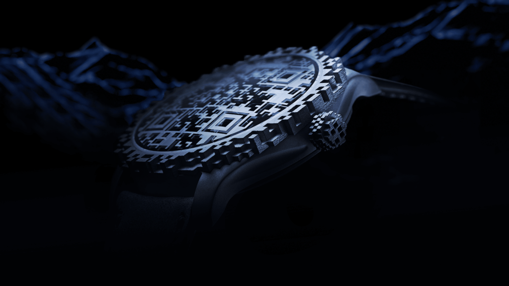 “Genesis” watch by H. Moser and Cie showing its pixelated algorithmic design, on black background