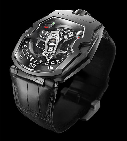 Urwerk UR-210 watch, on black background.