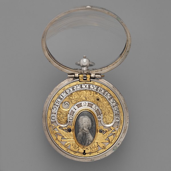 Pocket Watch by Thomas Tompion, gold coloured metal, with image of a man, with glass cover, on grey background