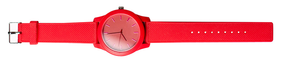 red watch with red strap, isolated on white background.