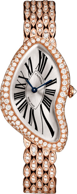 Cartier Crash - surrealist watch design with unsymmetrical case shape, with diamonds. Isolated on a white background.