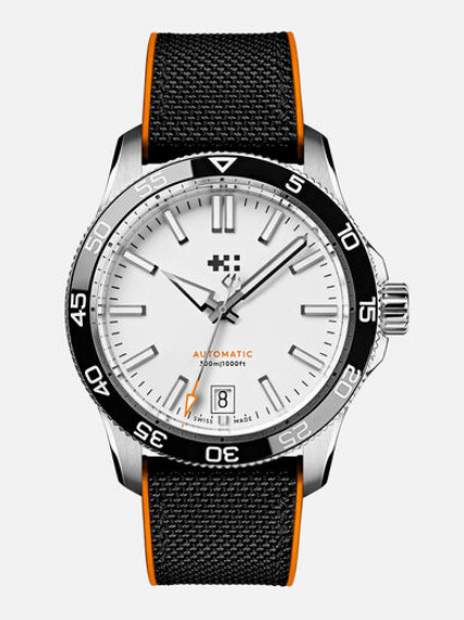 Christopher Ward watch, white dial, vertical top-down view, on pale grey background.
