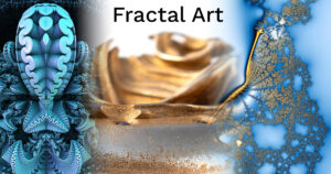 Fractal Art - title image, showing 2 blue fractals with UunconstrainedTime Fractal Emergence wristwatch closeup , bronze, between them.