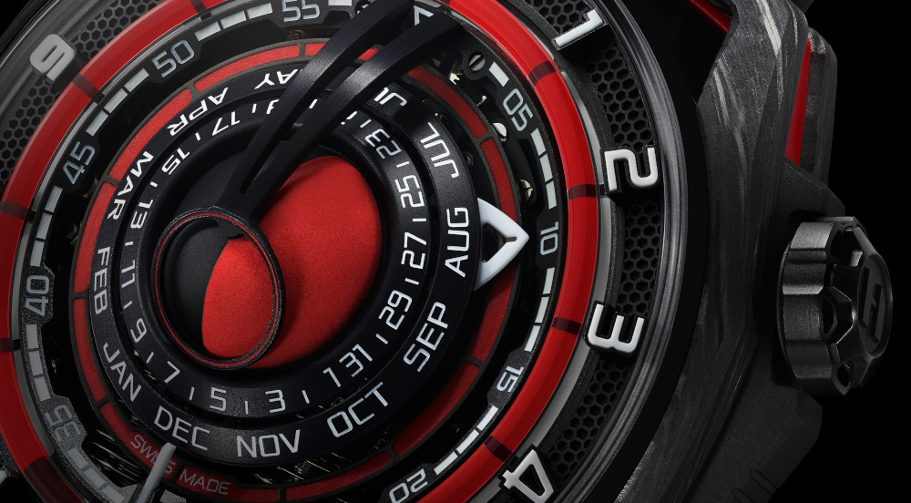 HYT MoonRunner RedMagma, red and black, closeup/detail.