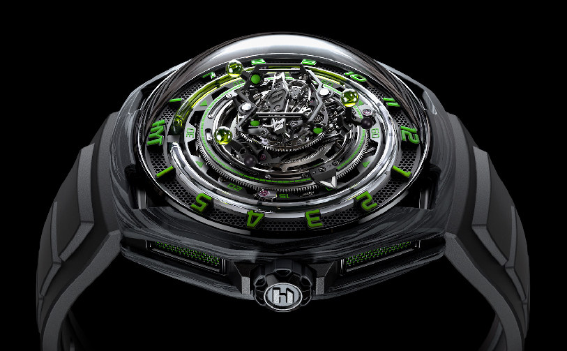HYT Conical Tourbillon - engineering as watch aesthetics, green accents on grey. Black background.