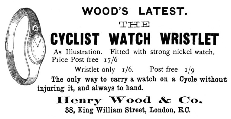 Early watch advert - Cyclist watch wristlet by Henry Wood and Co. - showing focus on engineering
