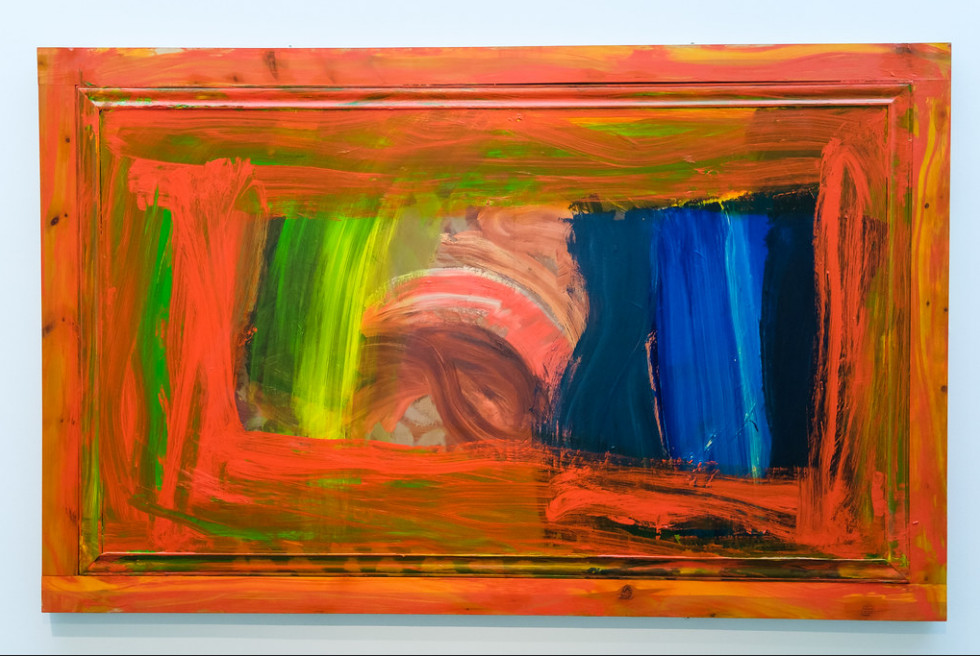 Howard Hodgkin painting - rough fractal marks, orange with blue, red, yellow and green.
