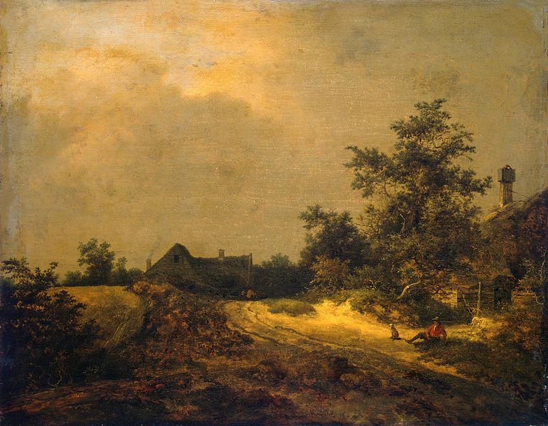 Jacob van Ruisdael - Peasant cottages in the dunes - painting of a fractal landscape including fractal clouds and trees.