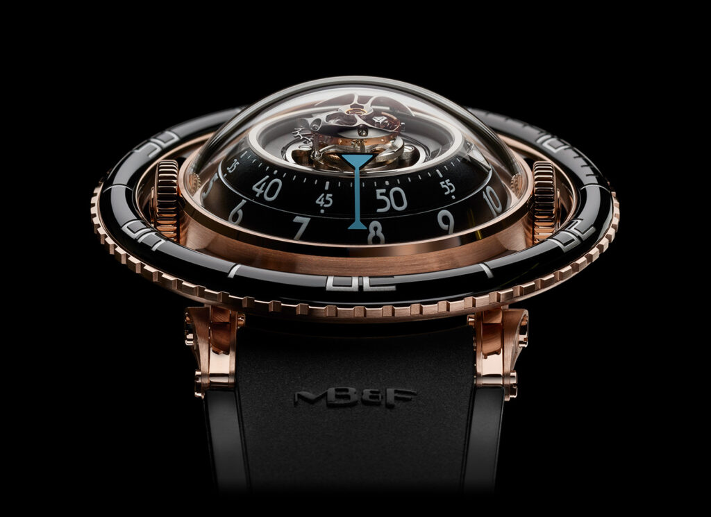 MB&F Horological Machine 7, The Aquapod - a watch inspired by jellyfish, on black background.