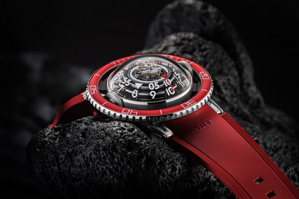 MB&F Horological Machine 7 - engineering as watch aesthetics, shown resting on dark rock, black background