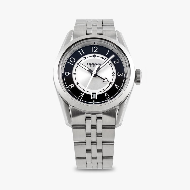 Nodus watch, black and white image, on a pale grey background.