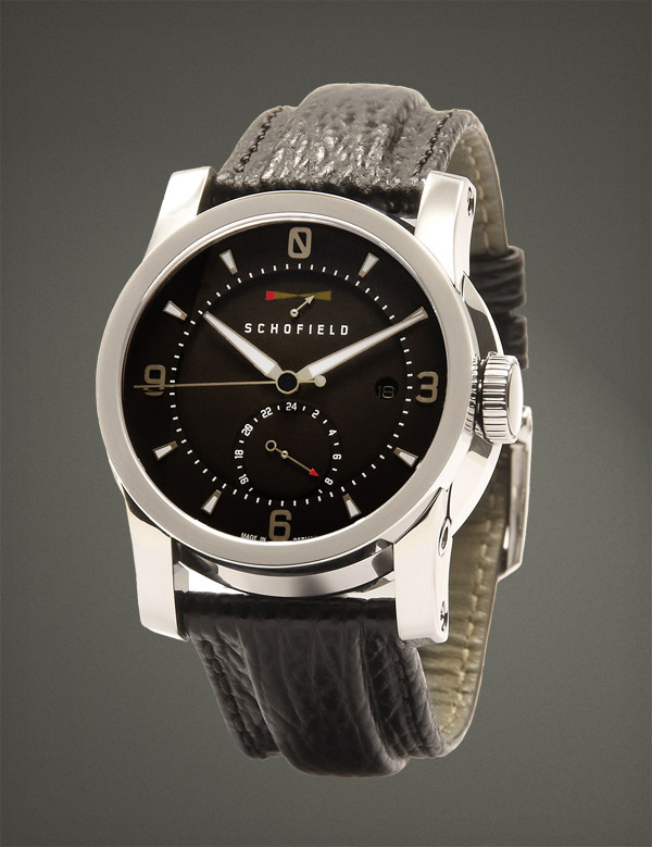 Schofield Signalman limited edition wrist watch, vertical, on grey background.
