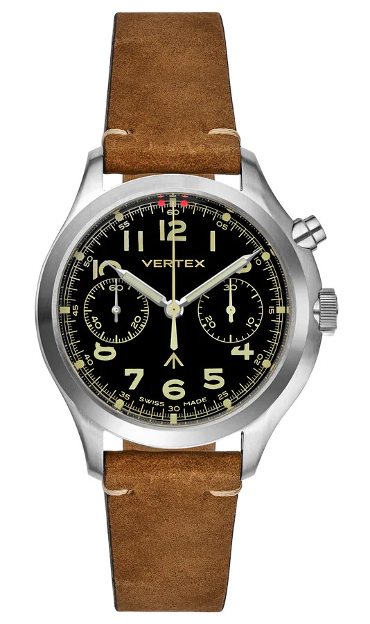 Vertex watch, black dial, isolated on white background - a luxury British watch brand.