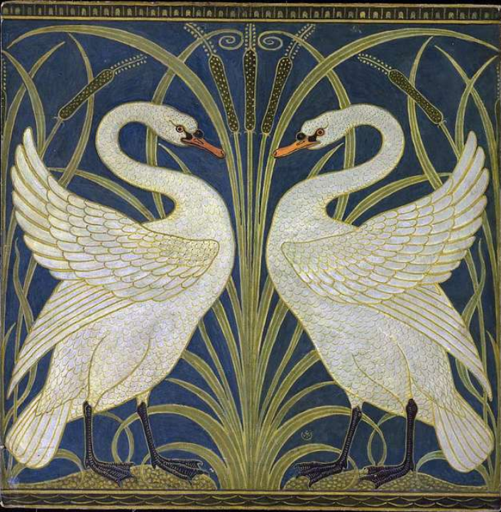 Art Nouveau example, two swans, reeds and dark blue background.