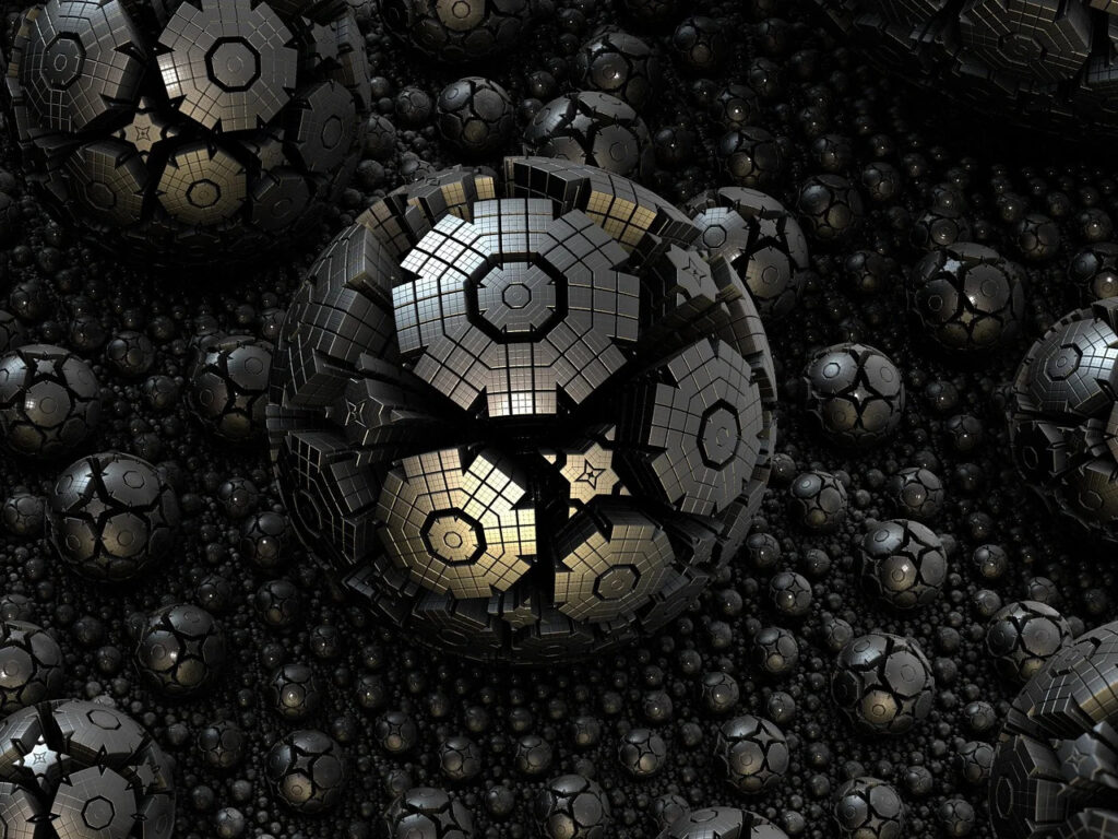 Fractal art - 3D fractal, metallic spheres of different sizes, with dark gaps between the metallic areas.