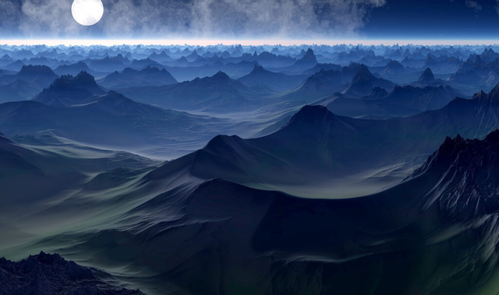 Fractal landscape, beautiful mountains with haze and clear dark sky.