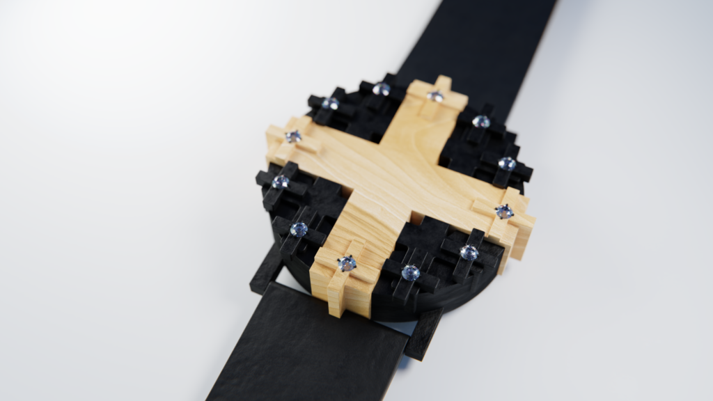 Cross #1 watch, aspen and black patinated bronze, on a white surface.