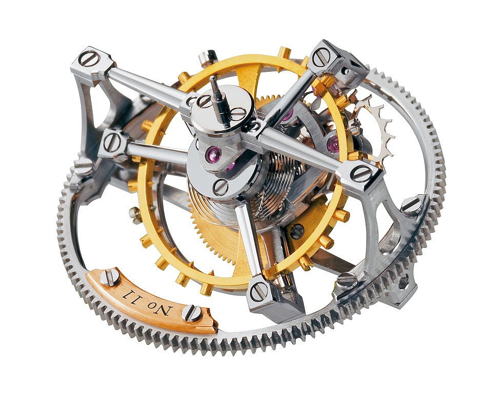 Greubel Forsey DT30 watch mechanism with some golden-coloured metal parts, showing complex mechanics, isolated on a white background.