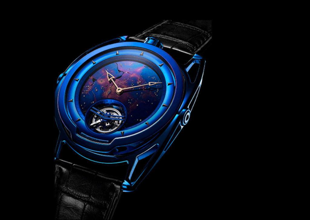 De Bethune DB28 watch, blue metal, complex dial surface, isolated on a black background.