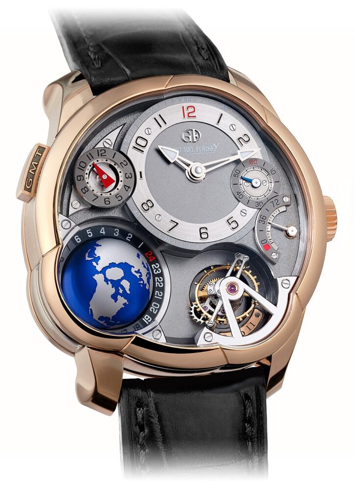 Greubel Forsey-GMT watch with complications including a globe with blue oceans, isolated on a white background.