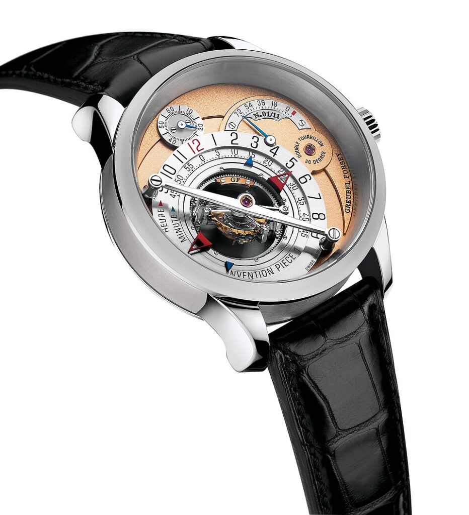Greubel Forsey Invention Piece watch, with complex-looking complications and black leather strap, isolated on a white background.