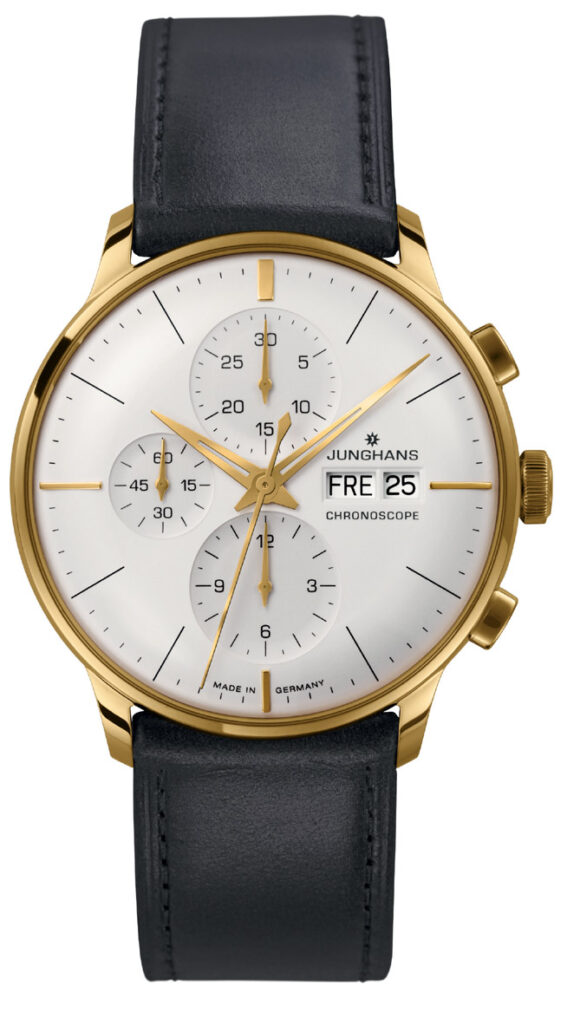 Junghans MeisterChronoscope watch, gold with white dial, isolated on a white background.