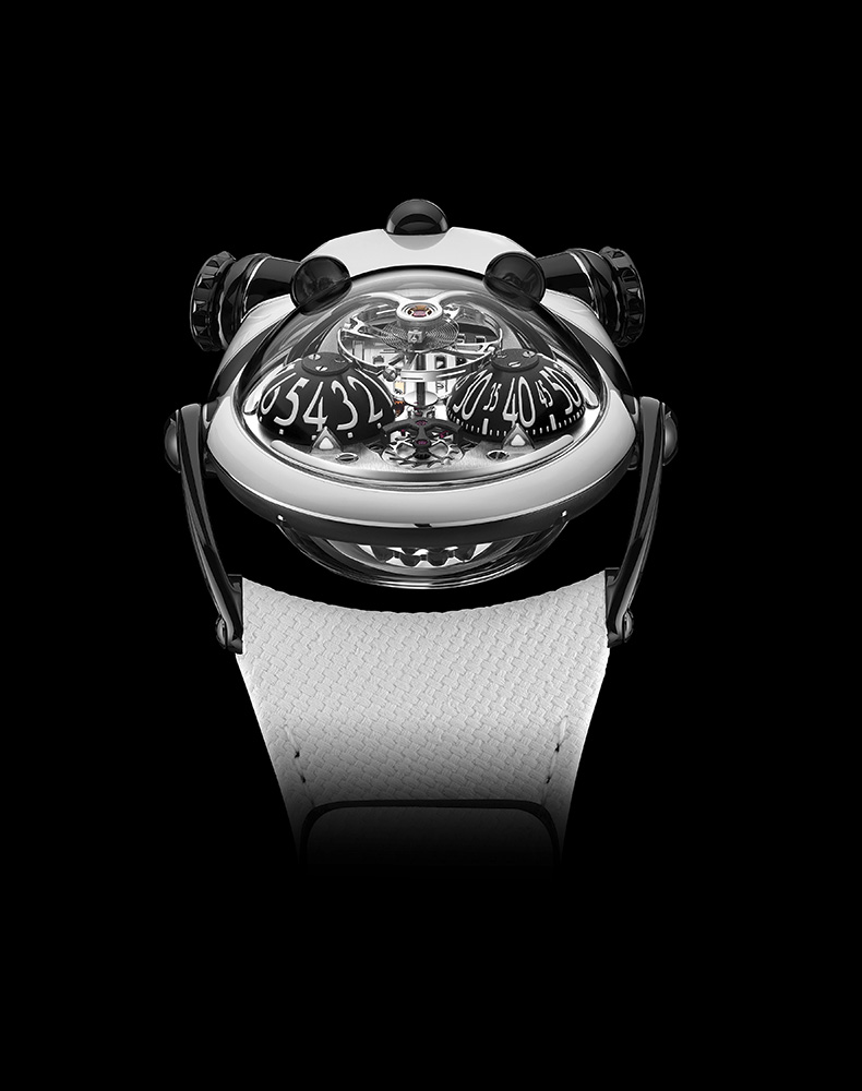 MBandF HM10 Panda Face watch, an extraordinary timepiece with black accents, isolated on a black background.