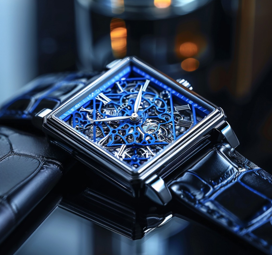 A skeletonized watch, intricate with blue and platinum-coloured metal and black leather strap, hero shot.