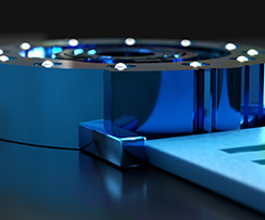 Techno-circle #1 watch, cyan anodised titanium, rubber strap, low angle, Thumbnail