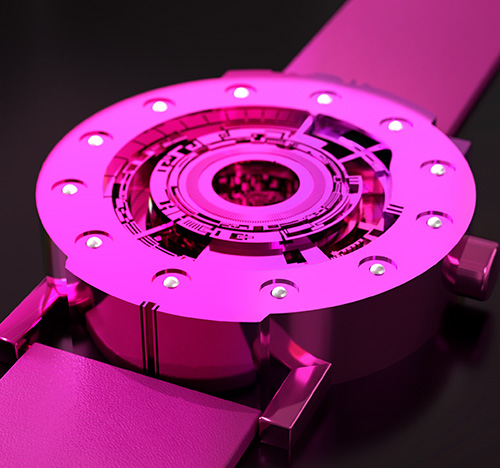 UnconstrainedTime Techno-circle watch in magenta anodised titanium, on a dark surface.