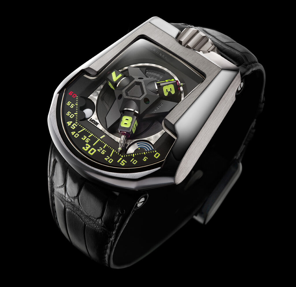 UrWerk UR-202 with revolving time indicators, on a black background.