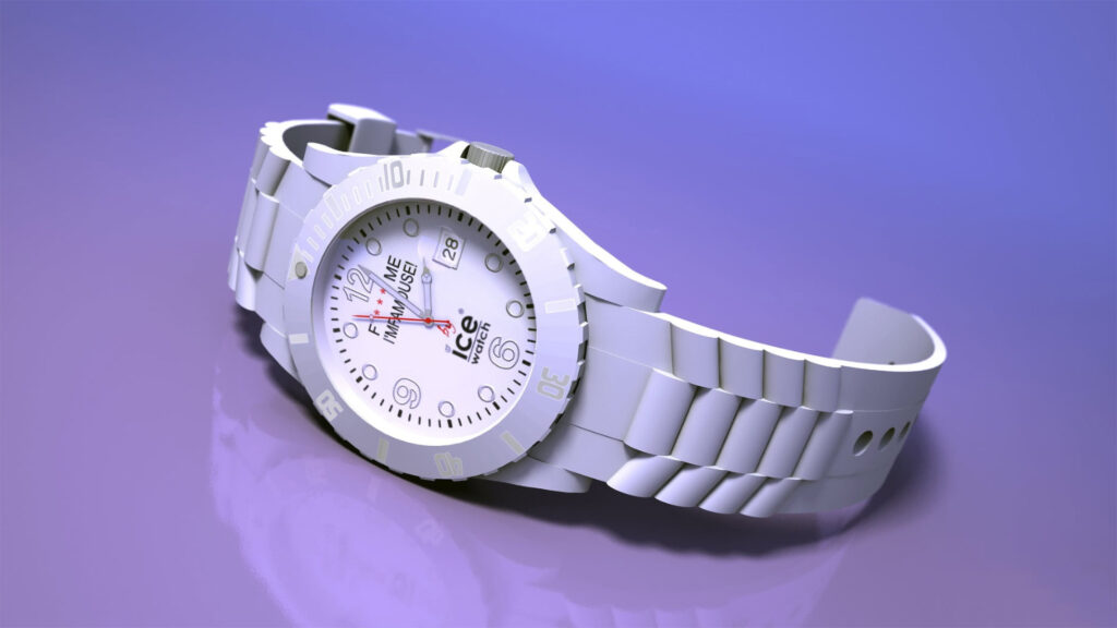 A watch 3D model, mostly in white with black dial markings and a red second-hand, on a purple reflective surface.
