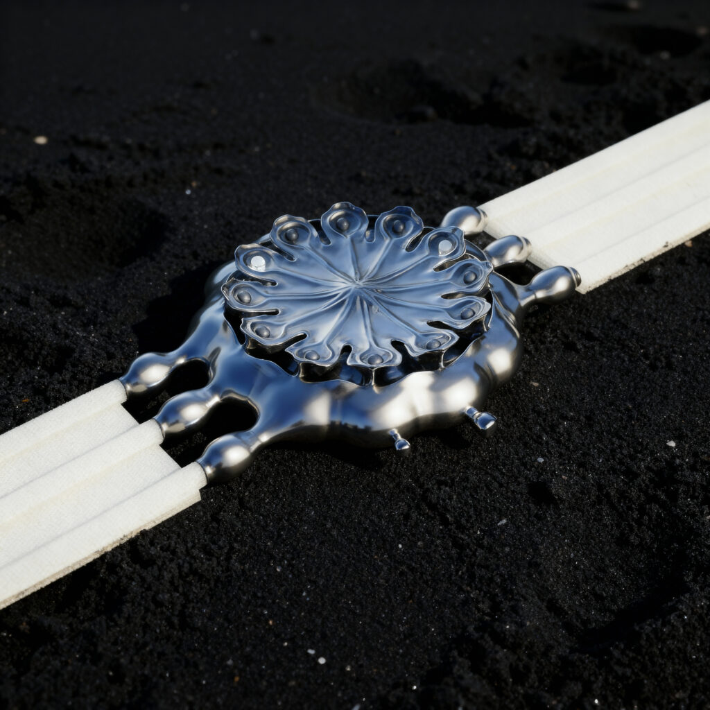 Poppy Seed-pod watch, platinum, on black sand.