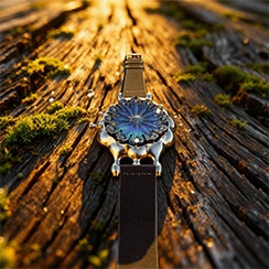 Poppy Seed-pod watch, silver, on a sunlit log. Thumbnail