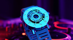 Techno-circle #1 watch, cyan anodised titanium, on DJ equipment - thumbnail