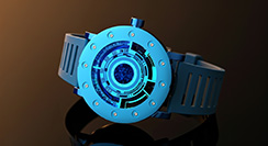 Techno-circle #1 watch, cyan anodised titanium, on reflective surface, orange light - thumbnail