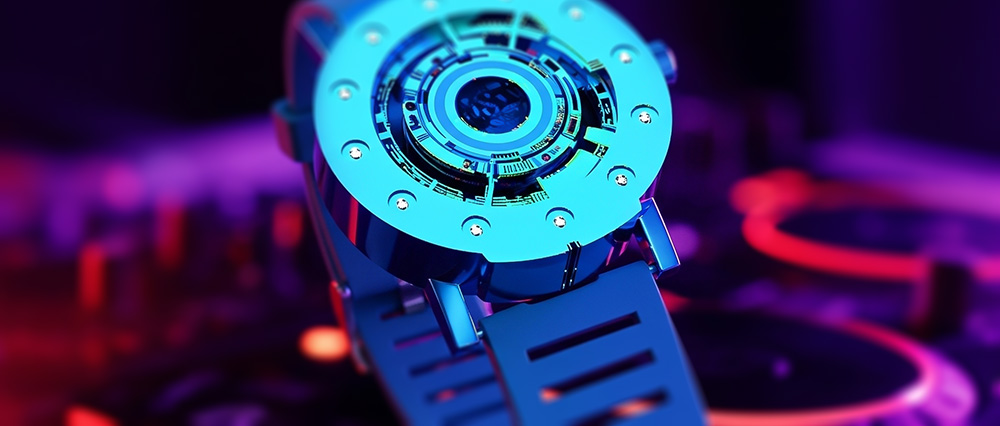 Techno-circle #1 watch in cyan anodised titanium, shown on a DJ mixer.