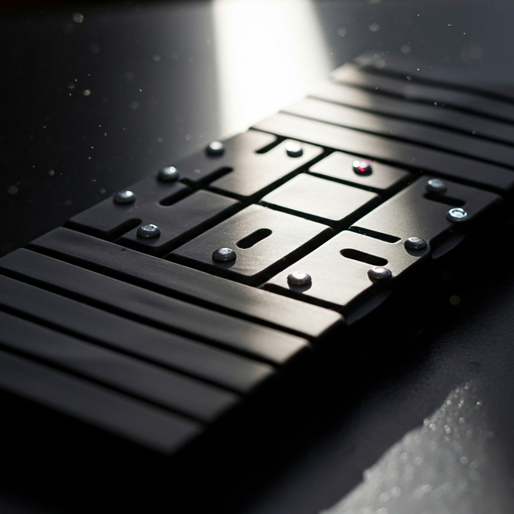 Hip Hop #1 wristwatch black, lit by a narrow beam of light, with dust.