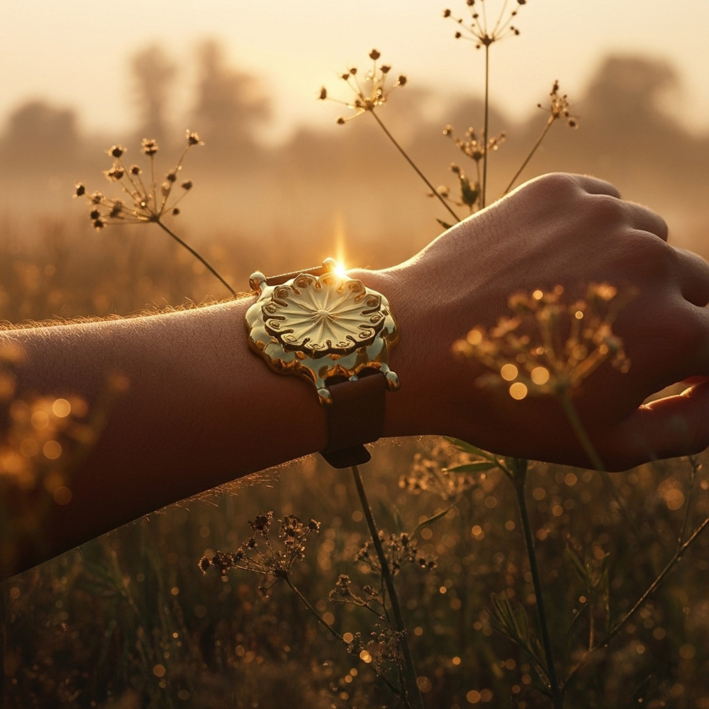 Poppy Seed Pod watch in bronze worn on a wrist in a misty meadow landscape at sunrise