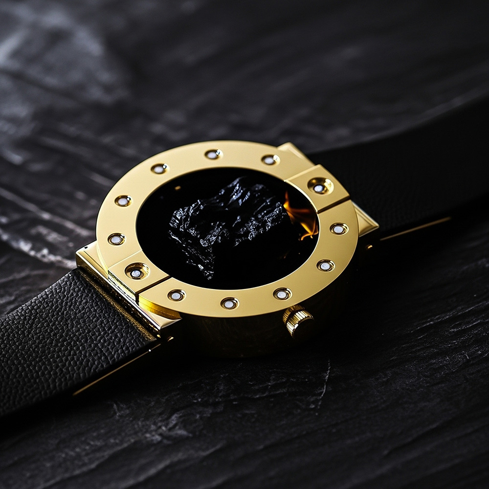 Stone-hold watch in gold with black lava on a rough black stone surface