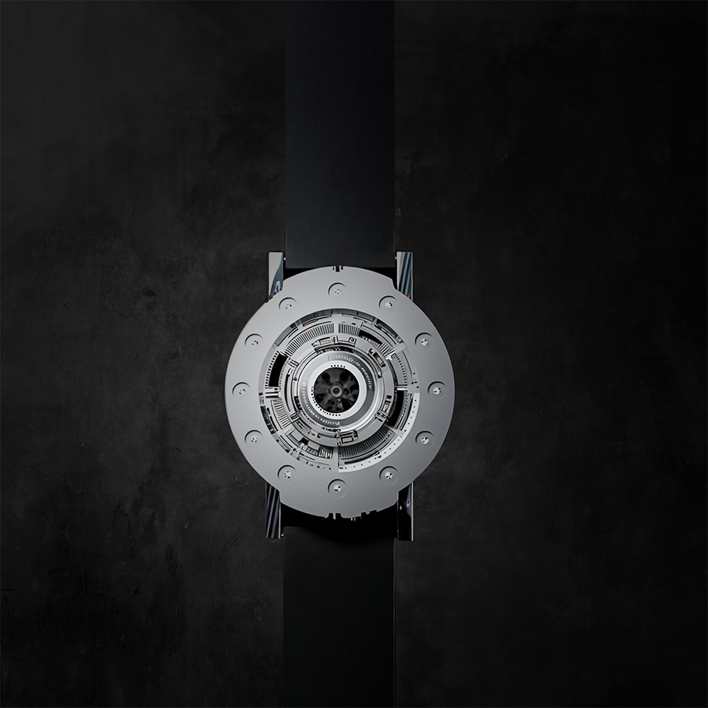 Techno-circle #1 wristwatch in polished aluminium, vertical, against dark grunge background