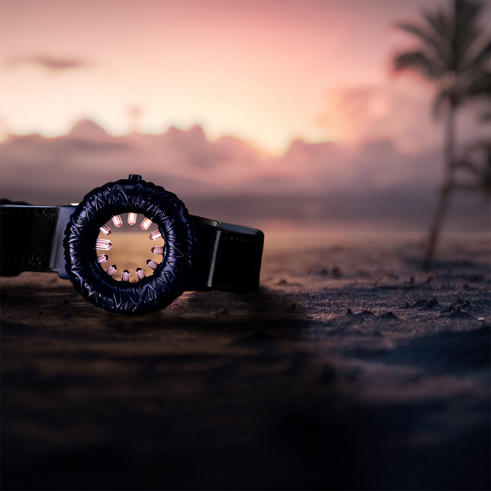 Tropical Crystal watch in black at sunset on a tropical beach