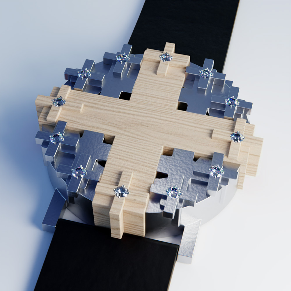 Cross #1 wristwatch in platinum with light oak wood, on a white background.