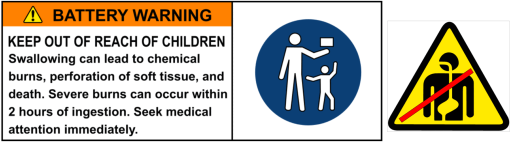 Battery warning and do-not-swallow symbol.