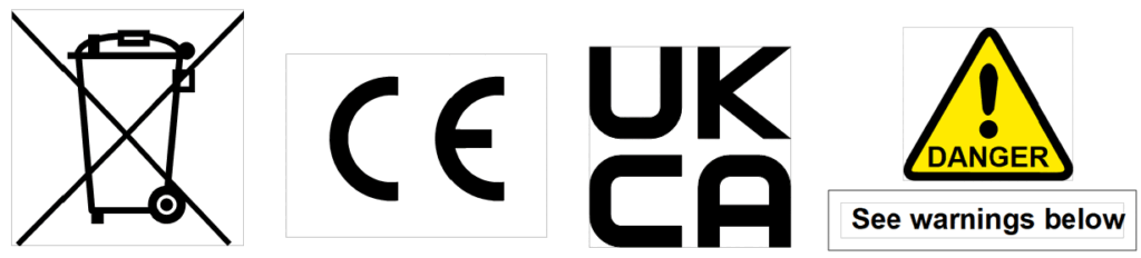 Compliance symbols: crossed-out wheeled bin, CE, UKCA, Danger see warnings below.