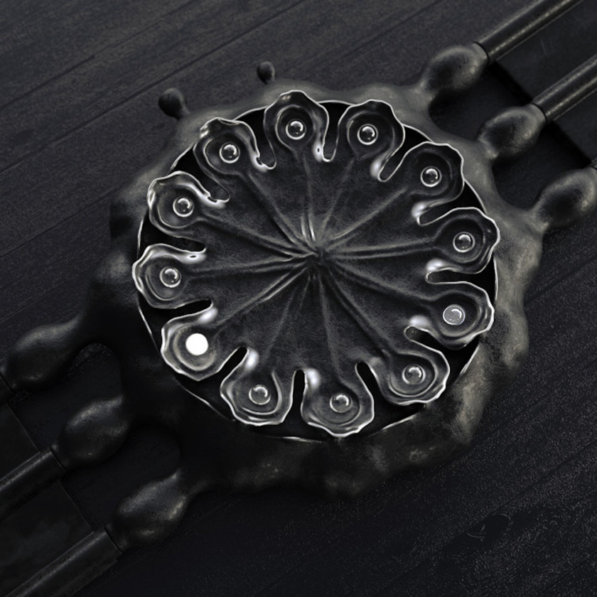 Poppy Seed Pod watch in black patinated bronze, top-down view on a black wood surface.