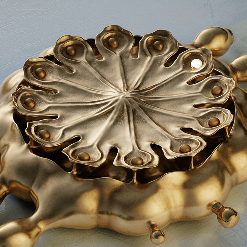 Poppy Seed Pod wristwatch in bronze, closeup.