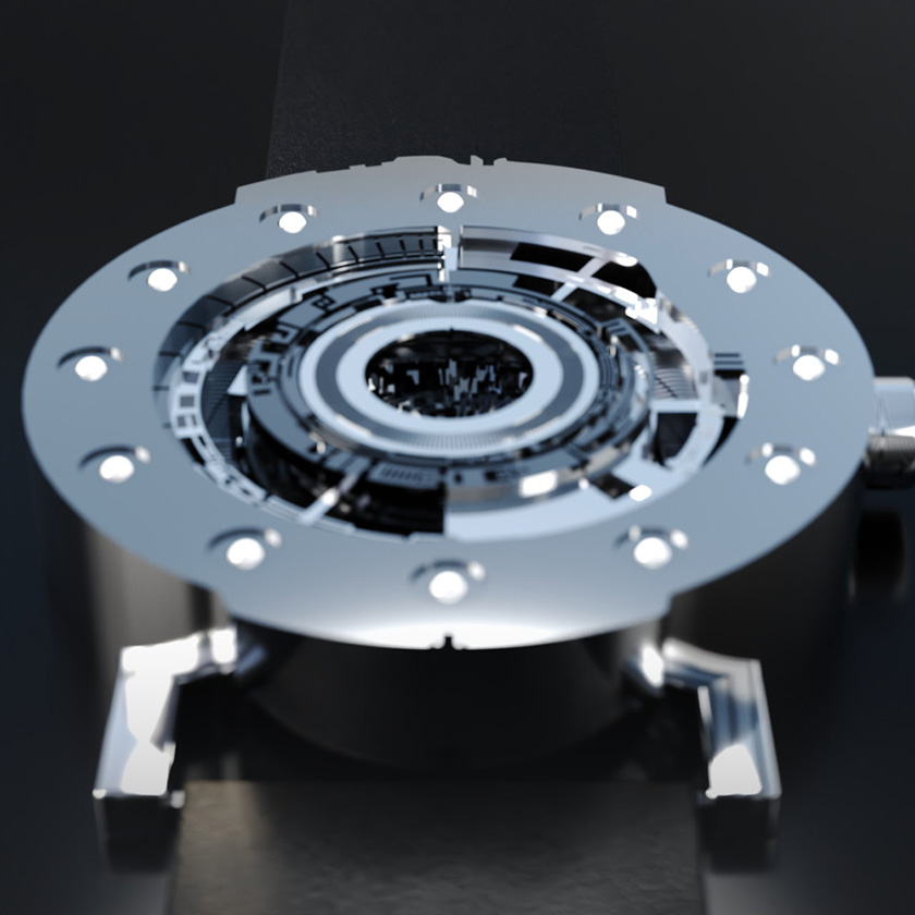 Techno-circle 1 watch in polished aluminium on a dark surface.
