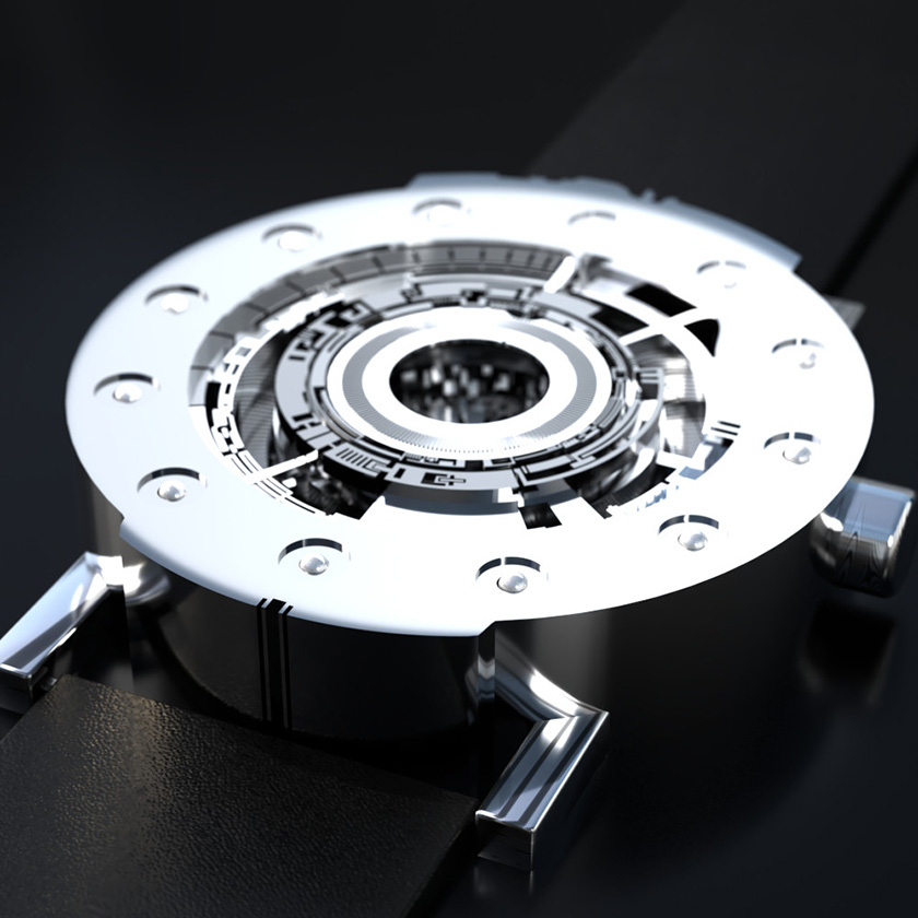 Techno-circle 1 watch in polished aluminium, on a black surface.