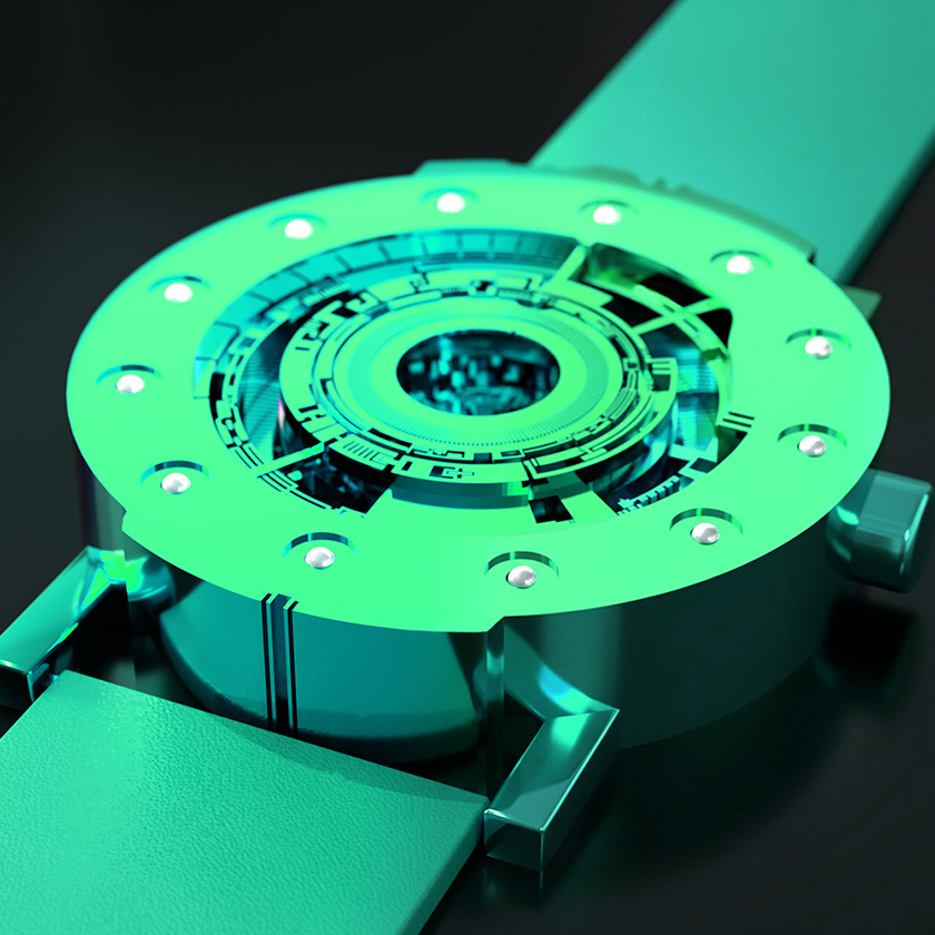 Techno-circle #1 wristwatch in teal anodised titanium with green rubber strap, on a black surface.